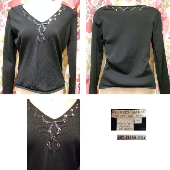 ALBERTO MAKALI Black Rayon Knit LS Top w/Ribbon Zig Zag! M - Picture 2 of 2